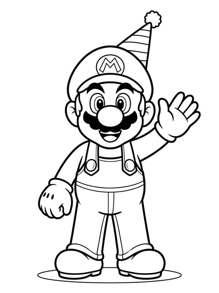 Mario met feestmuts zwaait met zijn hand