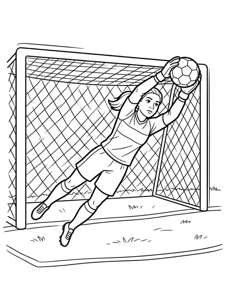 Kleurplaat van een keepster met paardenstaart die een voetbal vangt voor het doel