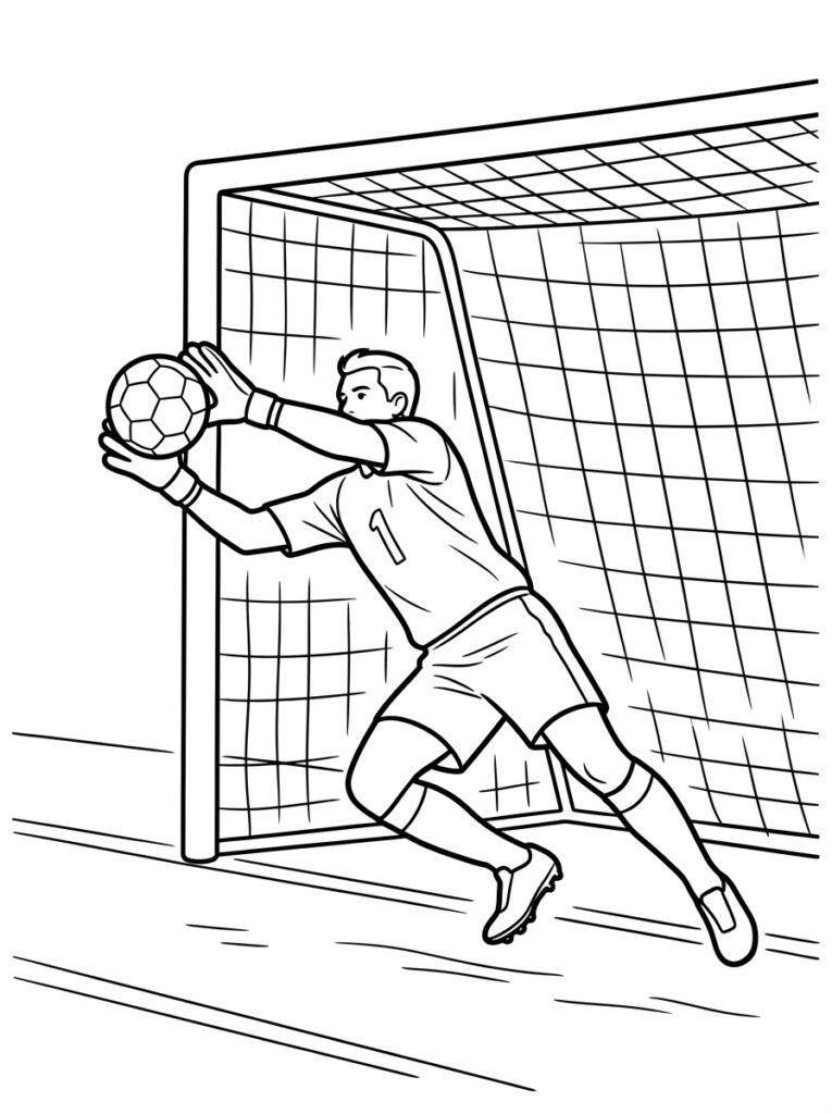Kleurplaat van een keeper met rugnummer 1 die een voetbal grijpt bij de paal