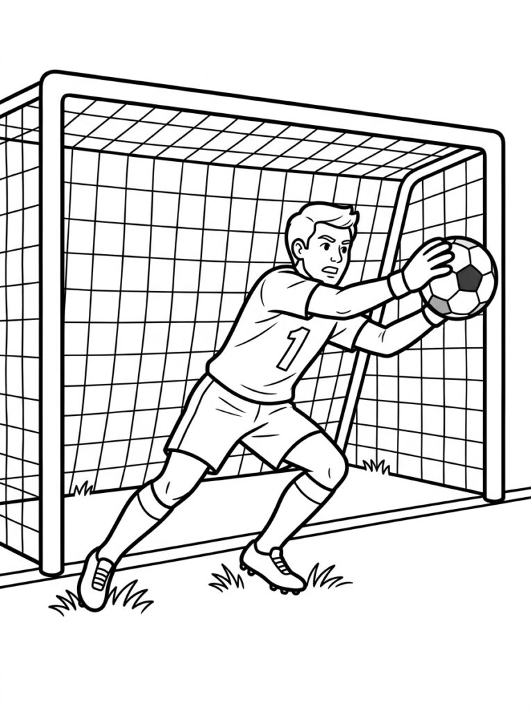 Kleurplaat van een keeper met rugnummer 1 die een voetbal opvangt voor het doel