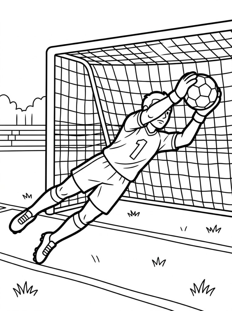 Kleurplaat van een duikende keeper met rugnummer 1 die een voetbal vangt