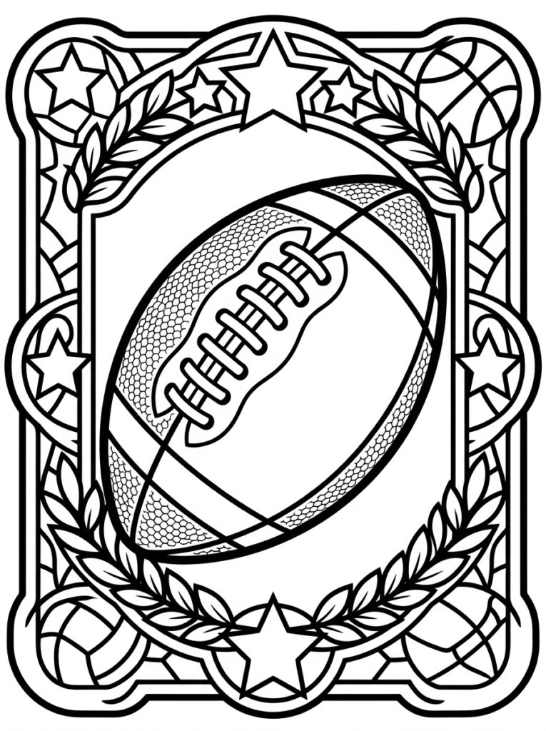 Kleurplaat van een Amerikaanse football in een sierlijke lijst met sterren en bladeren