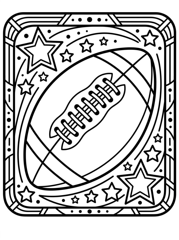 Kleurplaat van een Amerikaanse football omringd door sterren in een vierkant kader