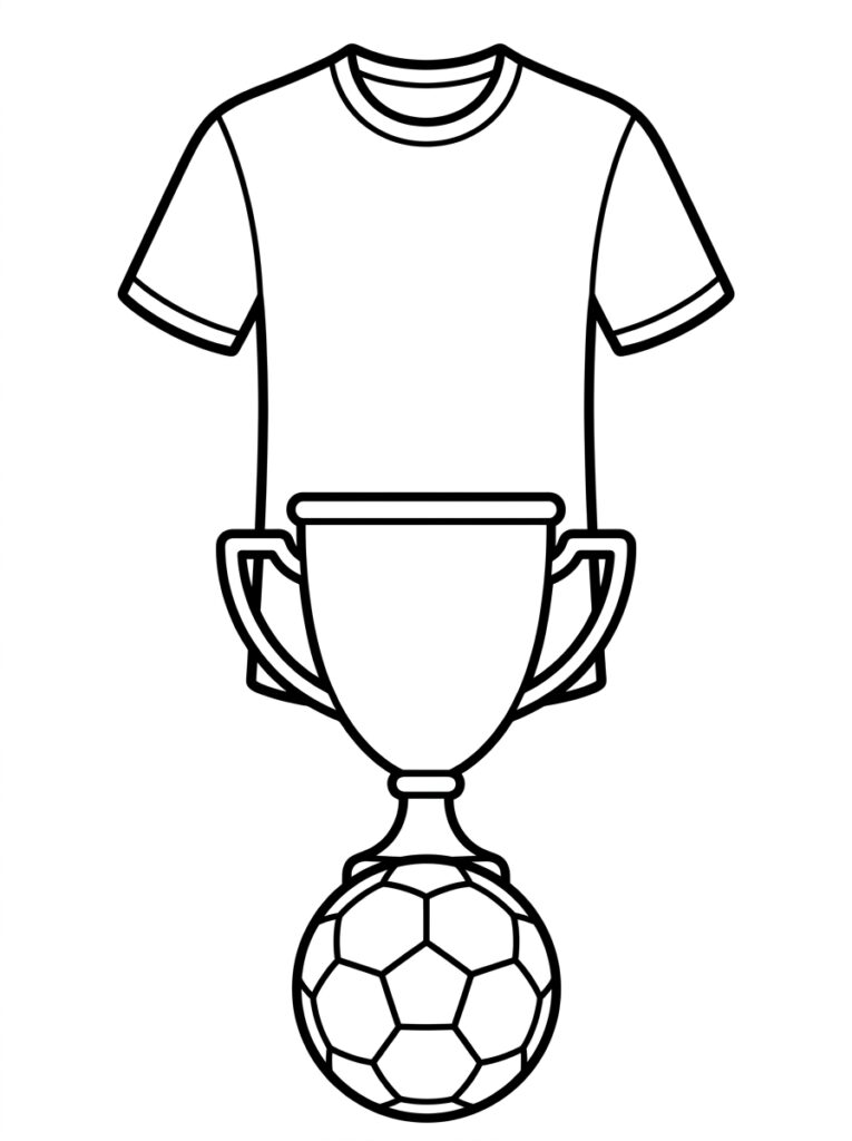 Kleurplaat van een voetbalshirt boven een trofee op een voetbal