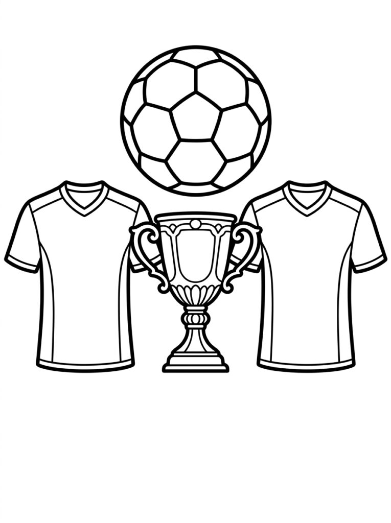 Kleurplaat van twee voetbalshirts met een trofee ertussen en een bal erboven