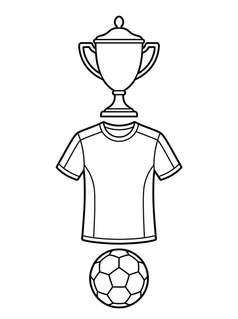 Kleurplaat van een trofee boven een voetbalshirt met een bal eronder