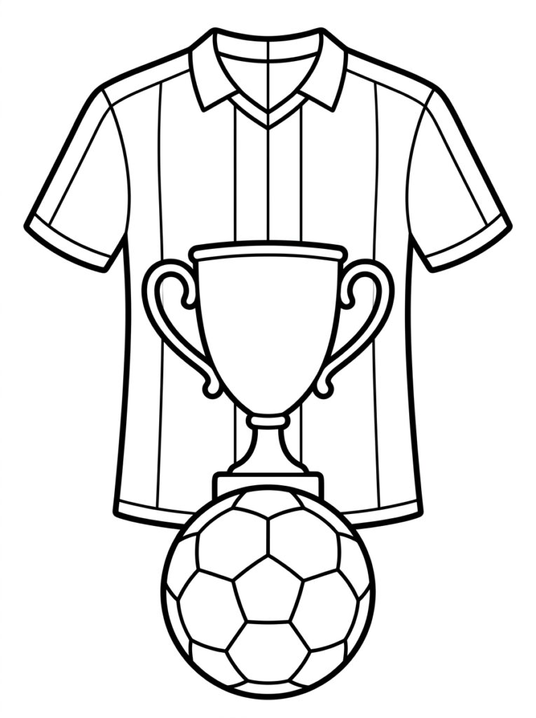 Kleurplaat van een gestreept voetbalshirt met een trofee en een bal ervoor