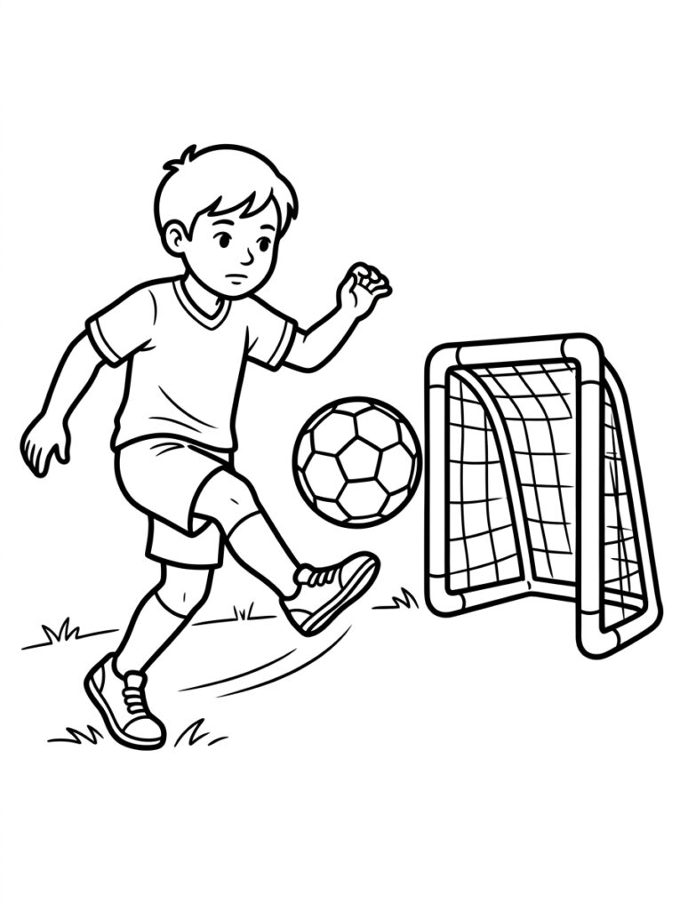Kleurplaat van een jongen die een voetbal schiet naar een klein doel