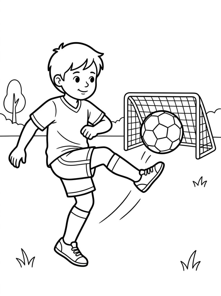 Kleurplaat van een lachende jongen die een voetbal schopt naar een doel