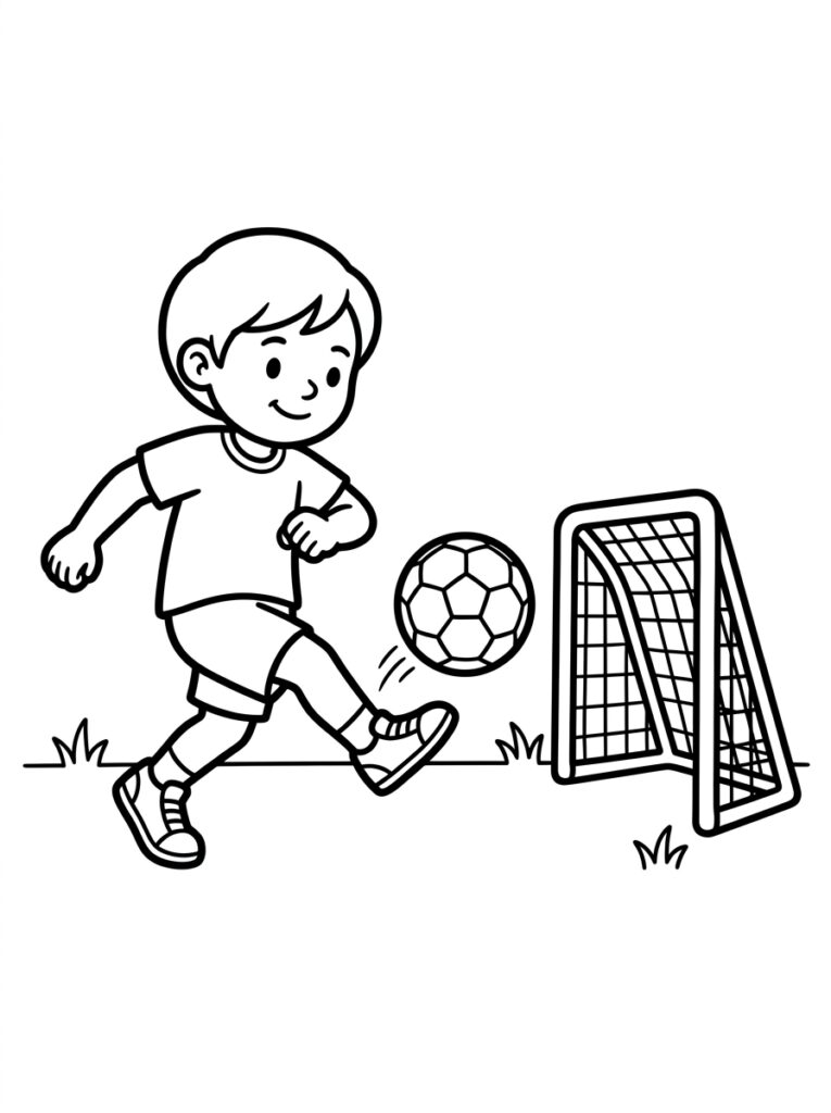 Kleurplaat van een jongen die een voetbal schopt richting een doel