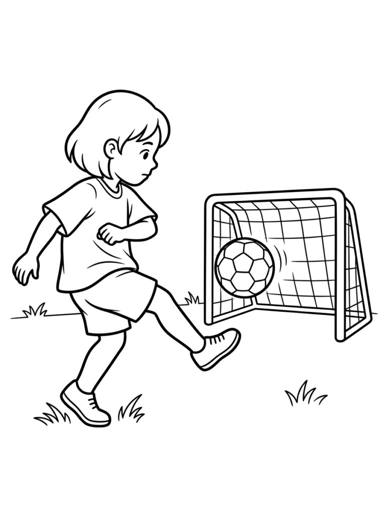 Kleurplaat van een meisje dat een voetbal schopt naar een doel