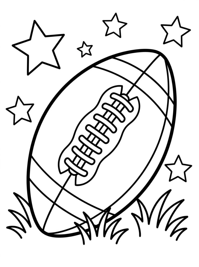 Kleurplaat van een Amerikaanse football met sterren eromheen op gras