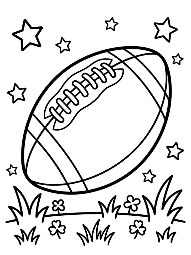 Kleurplaat van een Amerikaanse football met sterren en klavers in het gras