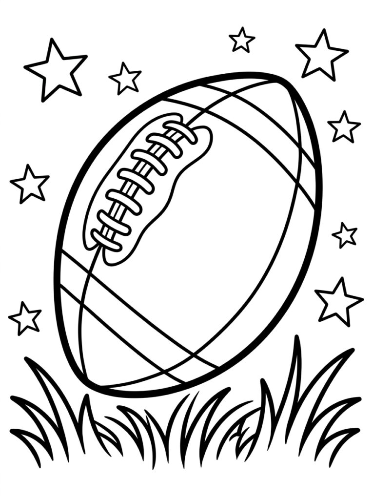 Kleurplaat van een Amerikaanse football met sterren en gras aan de onderkant