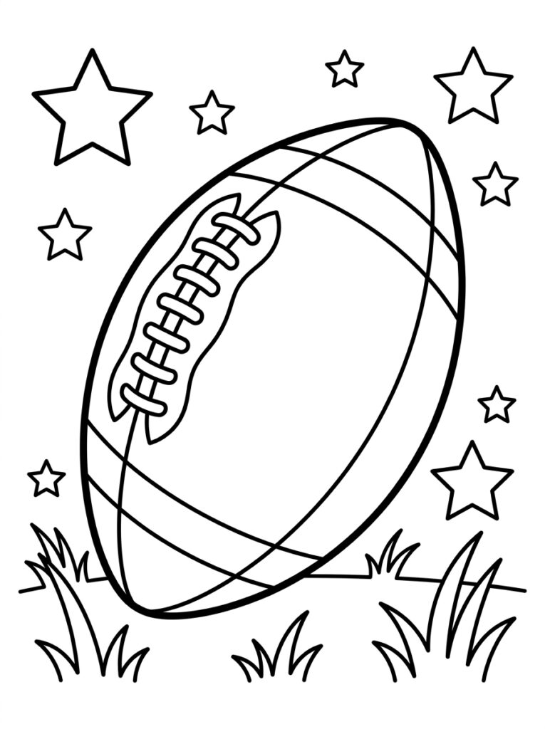 Kleurplaat van een grote Amerikaanse football met sterren en gras