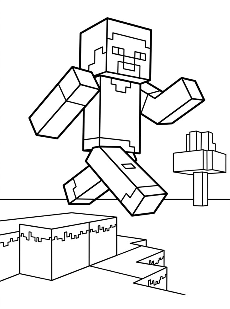 Kleurplaat van een springende Minecraft Steve boven blokken trappen en een structuur