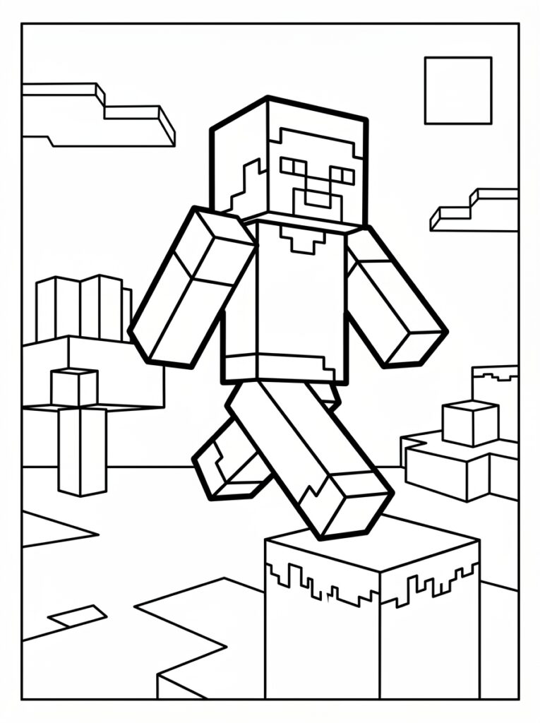 Kleurplaat van Minecraft Steve staand op een blok in een landschap met wolken