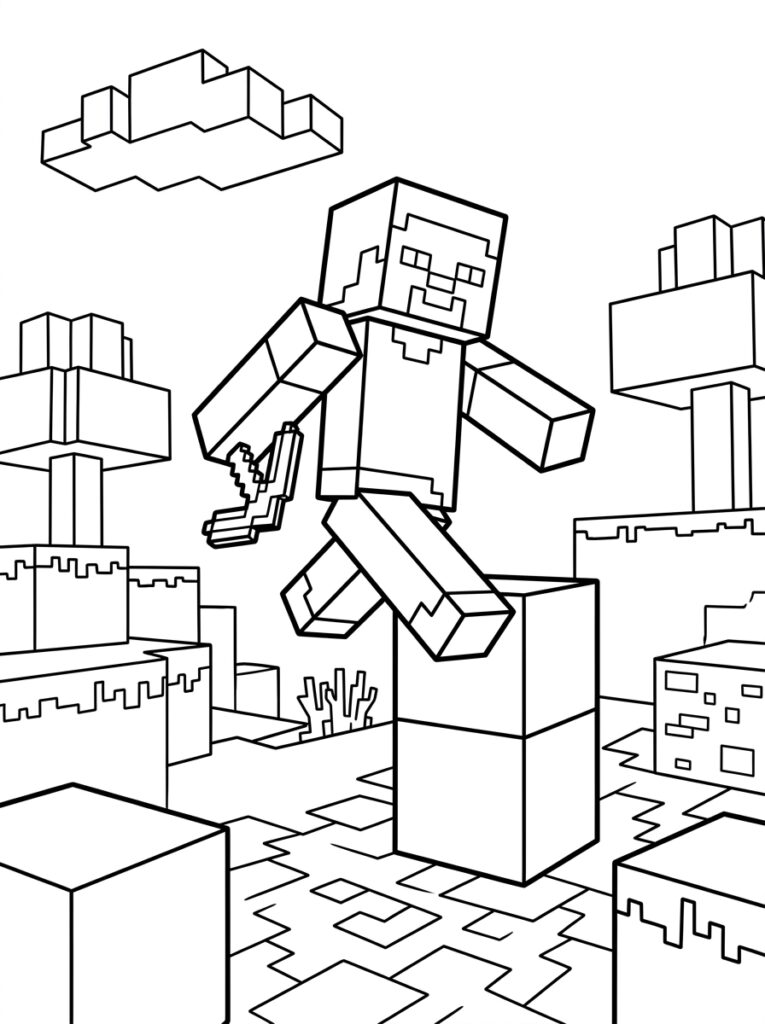 Kleurplaat van een Minecraft Steve met pikhouweel in een blokkenlandschap