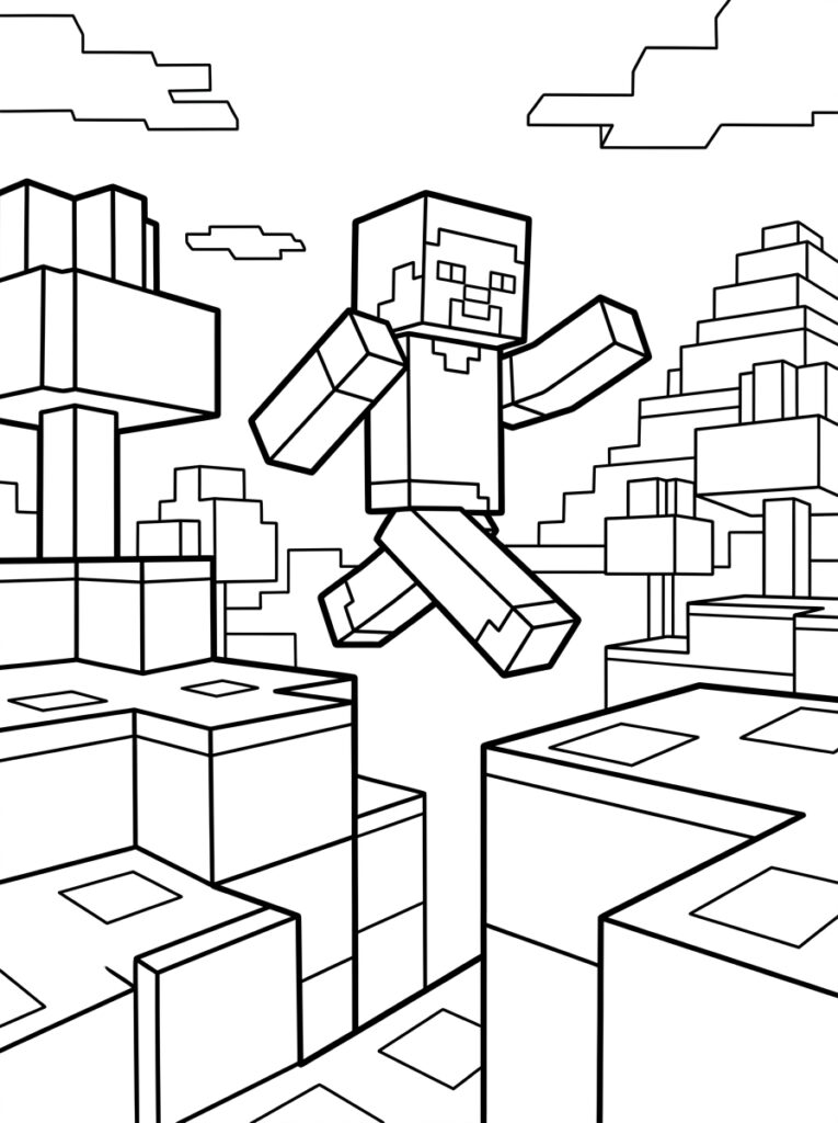Kleurplaat van Minecraft Steve springend over blokken met wolken