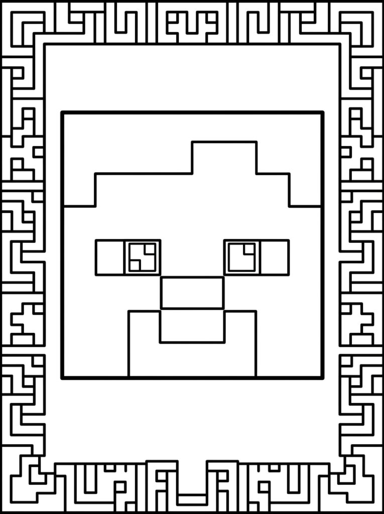 Kleurplaat van een pixelgezicht in een geometrische labyrint rand