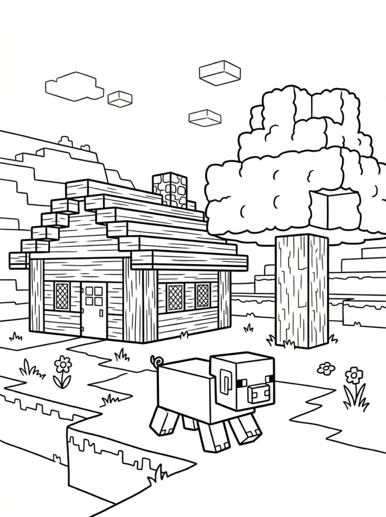 Kleurplaat van een houten huis een varken een boom bloemen en wolken