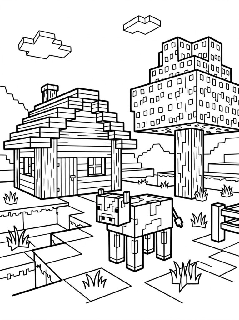 Kleurplaat van een huis een koe een grote boom en blokkenstructuren
