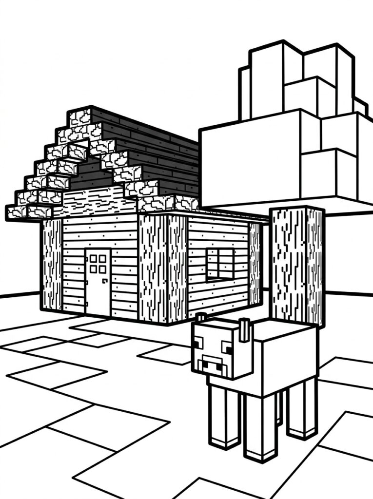 Kleurplaat van een groot houten Minecraft huis met een koe ervoor