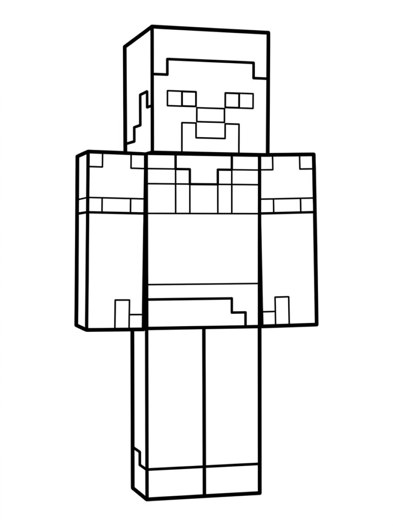 Kleurplaat van een volledige Minecraft Steve figuur van voren