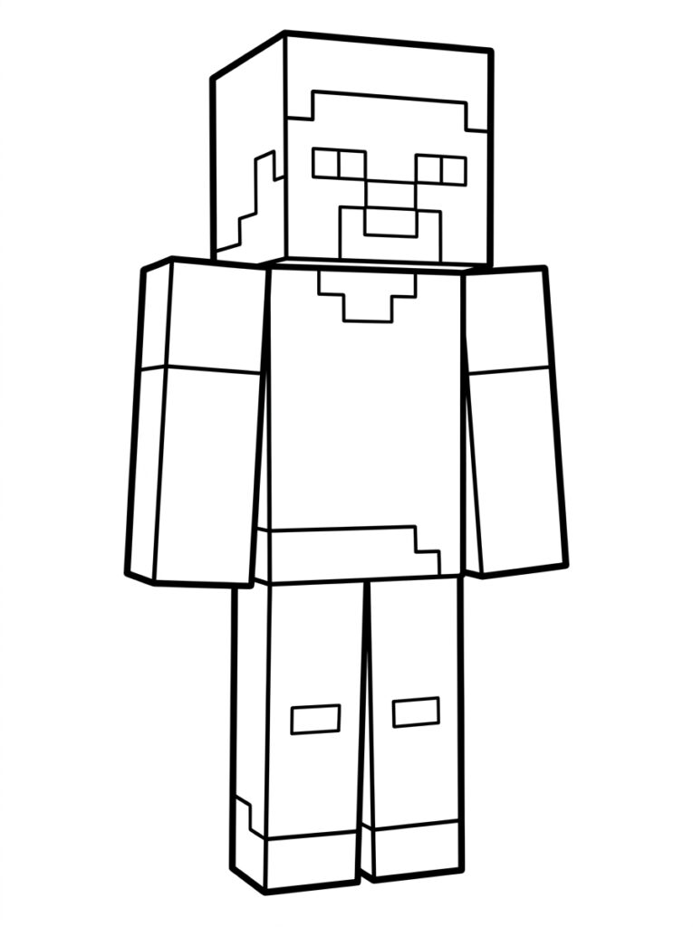 Kleurplaat van een staande Minecraft Steve met pixelgezicht