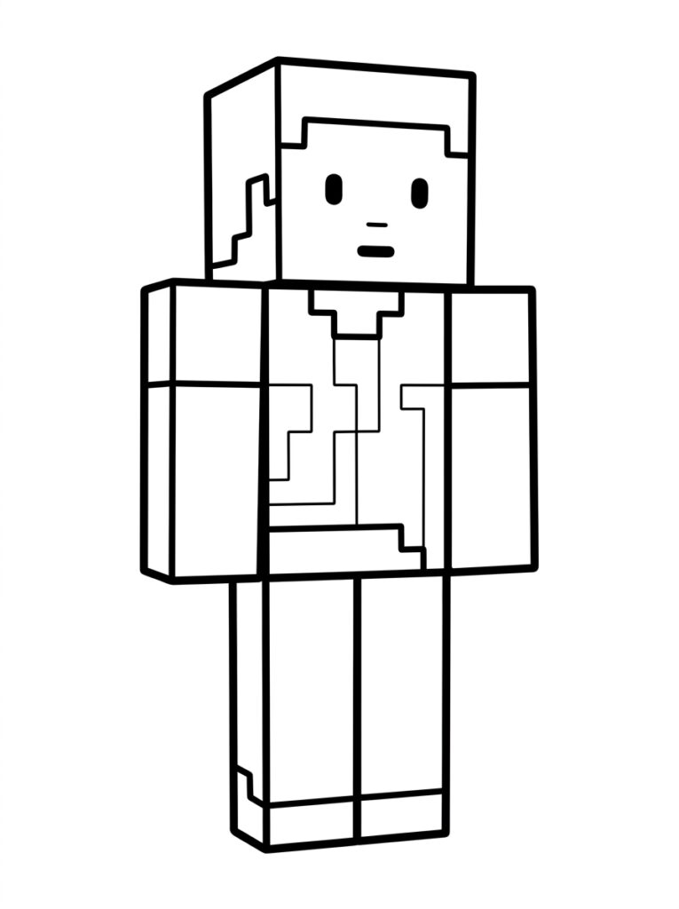 Kleurplaat van een Minecraft figuur met ronde ogen en mond