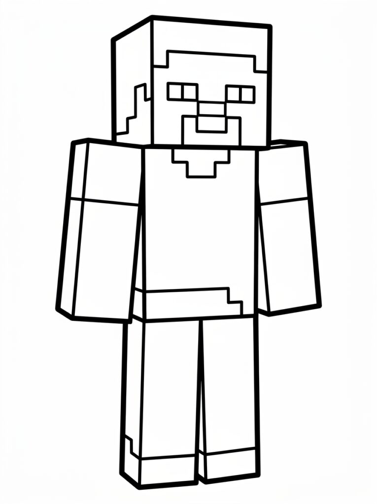 Kleurplaat van een Minecraft Steve met vierkante armen en benen
