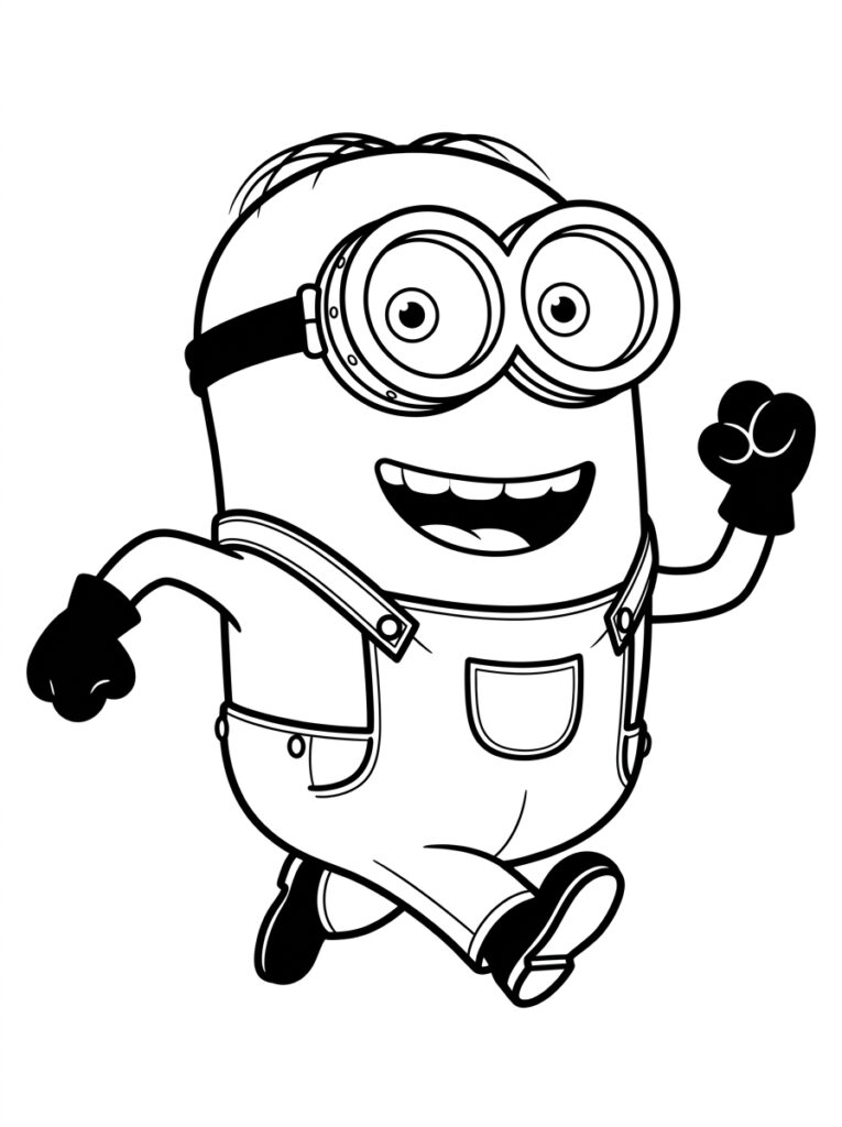 Kleurplaat van een lachende Minion met twee ogen, overall, handschoenen en opgeheven vuist in renpose