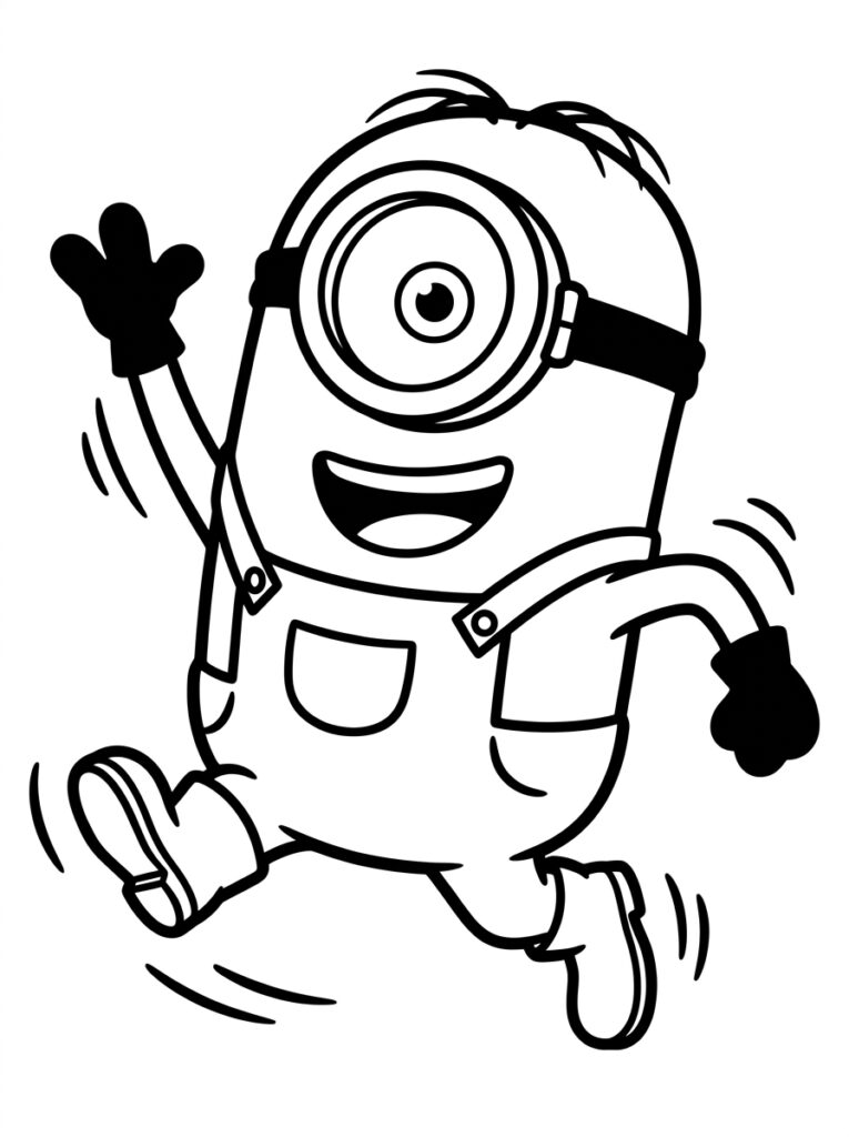 Kleurplaat van een eenogige Minion met open mond, overall en bewegingslijnen bij armen en benen