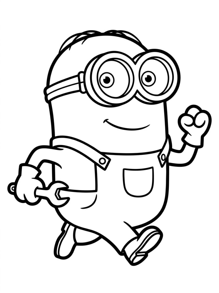 Kleurplaat van een Minion met twee ogen, glimlach, overall en moersleutel in de hand