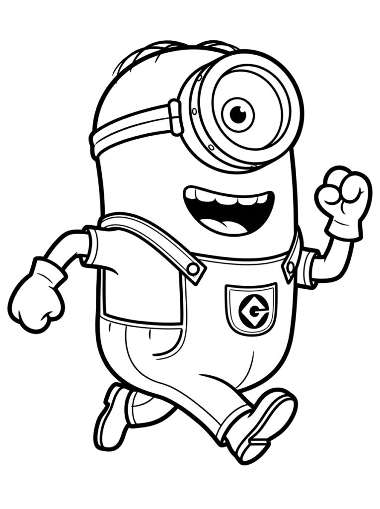 Kleurplaat van een eenogige Minion met open mond, overall met G-logo en opgeheven vuist