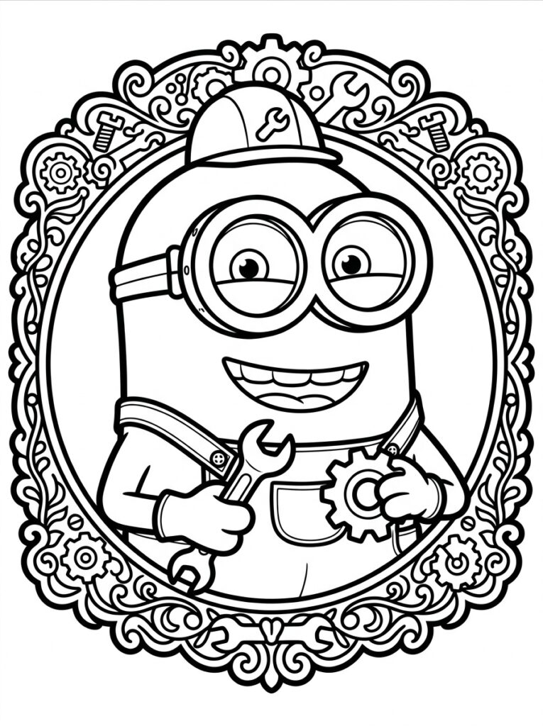 Kleurplaat van een Minion met pet, twee ogen, glimlach, moersleutel en tandwiel in ronde decoratieve lijst met gereedschap