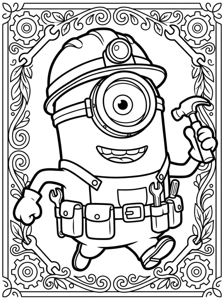 Kleurplaat van een eenogige Minion met bouwhelm, gereedschapsriem, hamer en moersleutel in lijst met bladeren en tandwielen