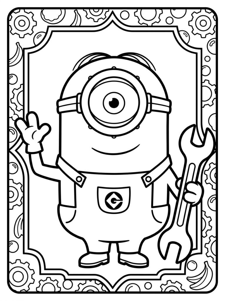 Kleurplaat van een eenogige Minion met glimlach, overall met G-logo, moersleutel en zwaaiende hand in lijst met bananen en tandwielen