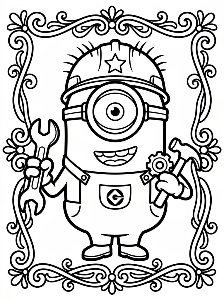 Kleurplaat van een Minion met helm met ster, twee ogen, glimlach, moersleutel en hamer in decoratieve lijst