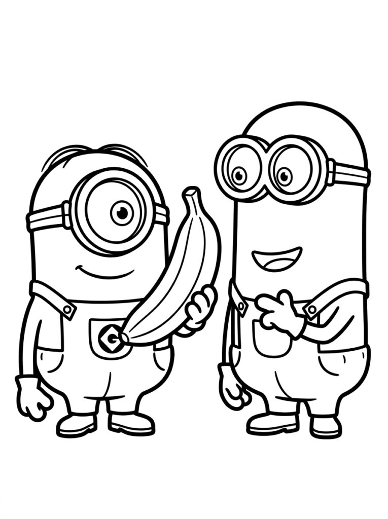 Kleurplaat van twee Minions met overalls, waarbij een een banaan vasthoudt en de ander wijst