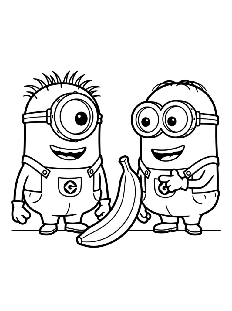 Kleurplaat van twee lachende Minions met spriethaar en een grote banaan op de grond