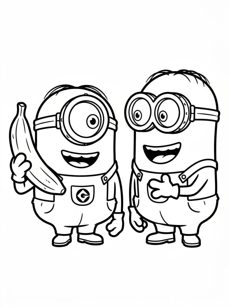 Kleurplaat van twee lachende Minions met overalls, waarbij een een banaan omhooghoudt