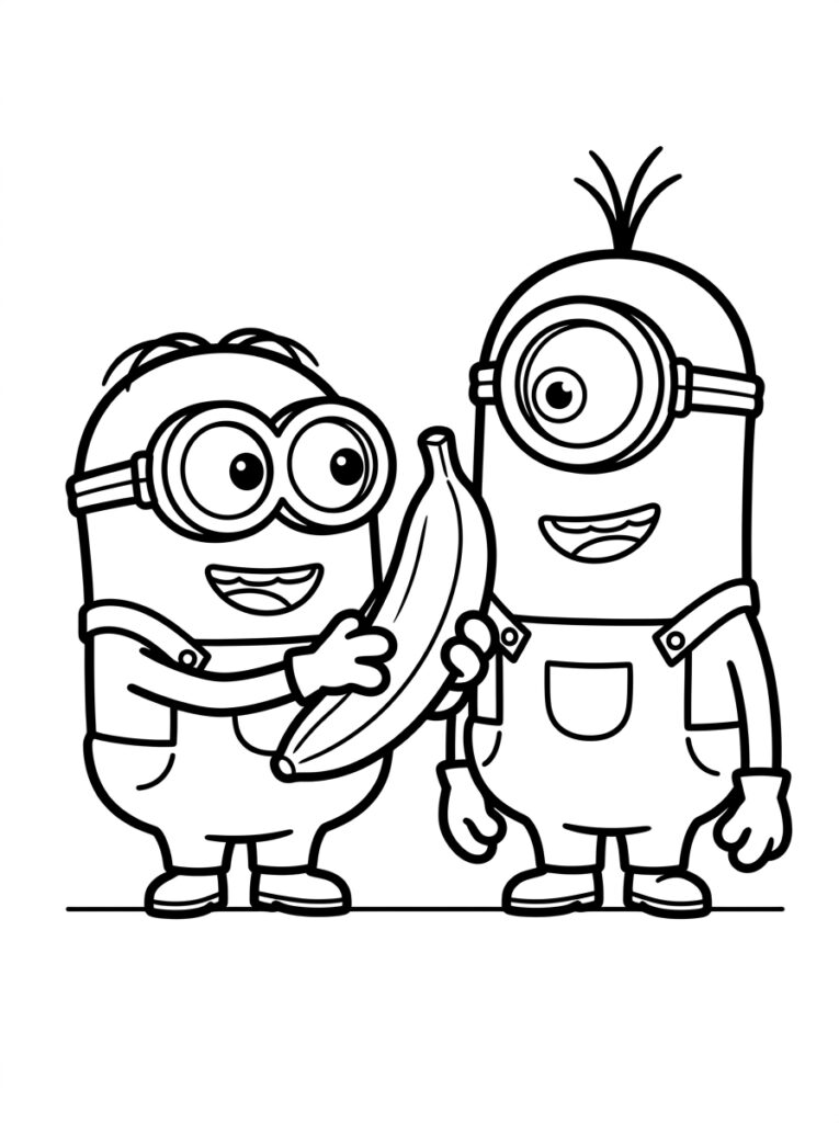 Kleurplaat van twee Minions met twee ogen die samen een grote banaan vasthouden