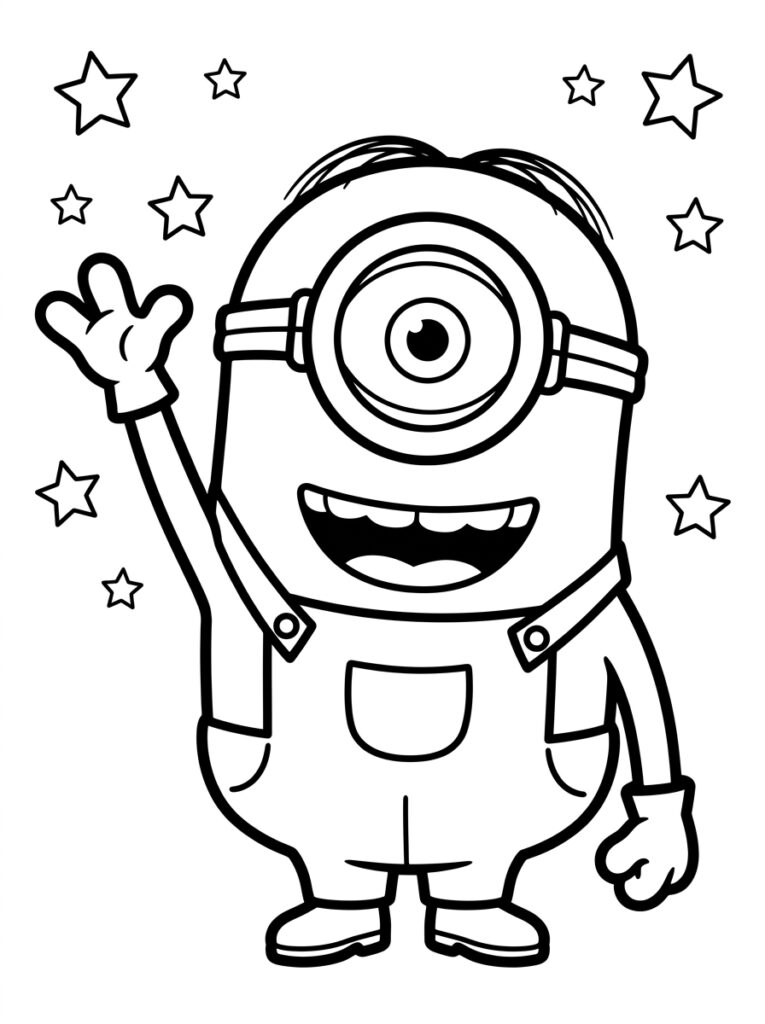Kleurplaat van een Minion met twee ogen, open mond en zwaaiende hand omringd door sterren