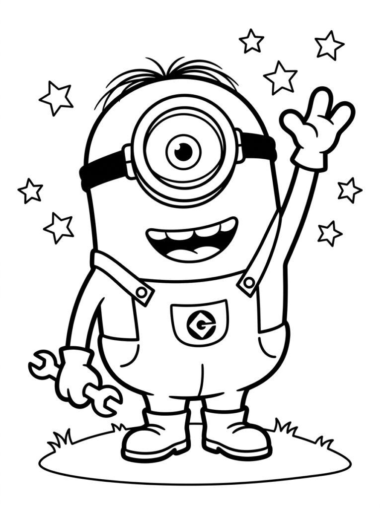 Kleurplaat van een eenogige Minion met open mond, moersleutel, vredesteken en sterren op achtergrond