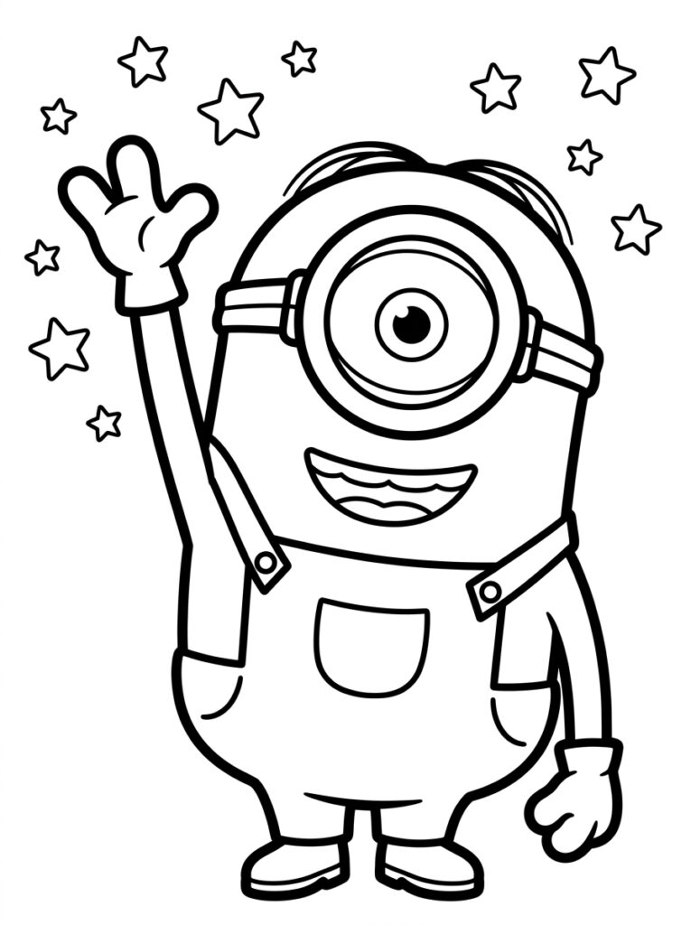 Kleurplaat van een eenogige Minion met open mond, zwaaiende hand en sterren rondom