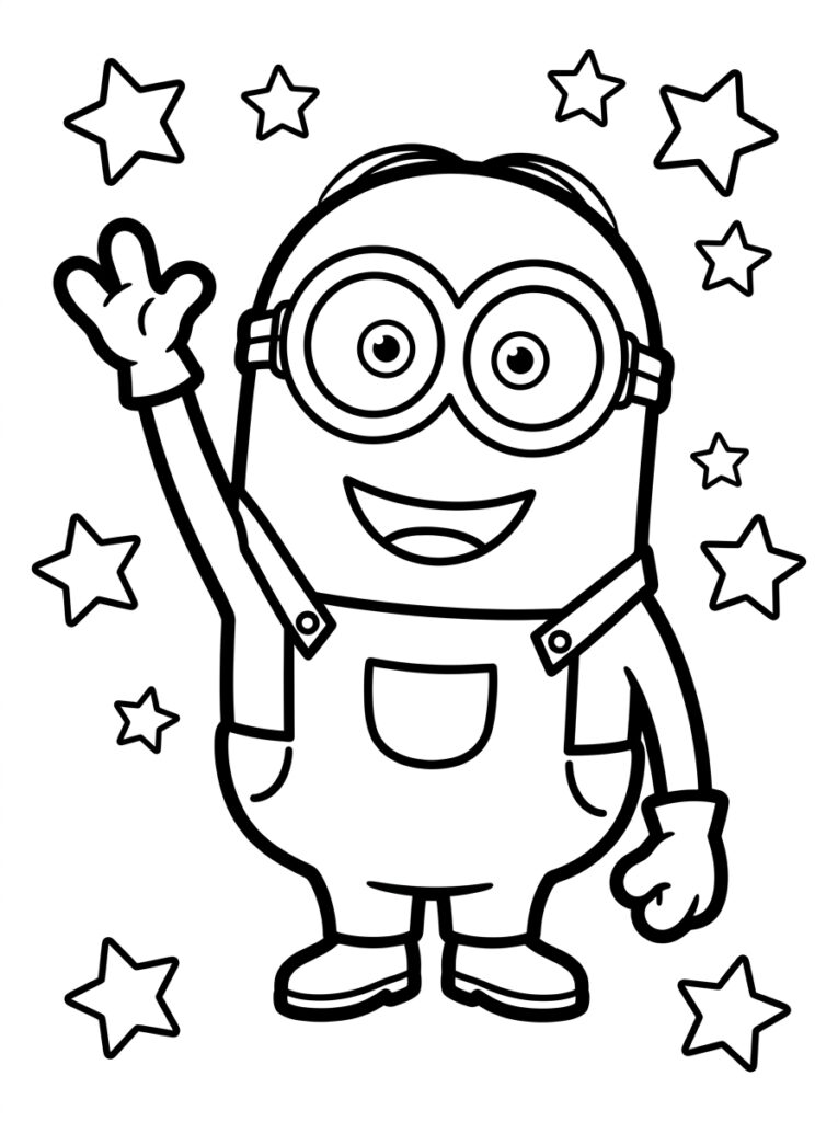 Kleurplaat van een Minion met twee ogen, glimlach, zwaaiende hand en sterren op achtergrond