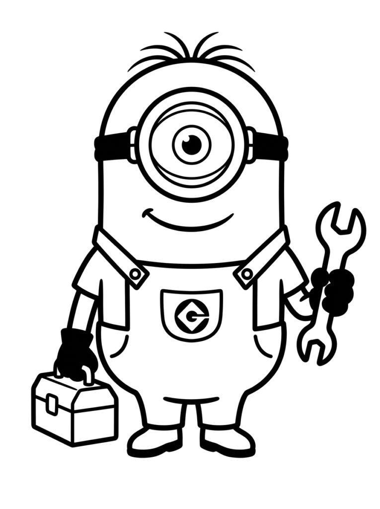 Kleurplaat van een eenogige Minion met glimlach, gereedschapskist en grote moersleutel