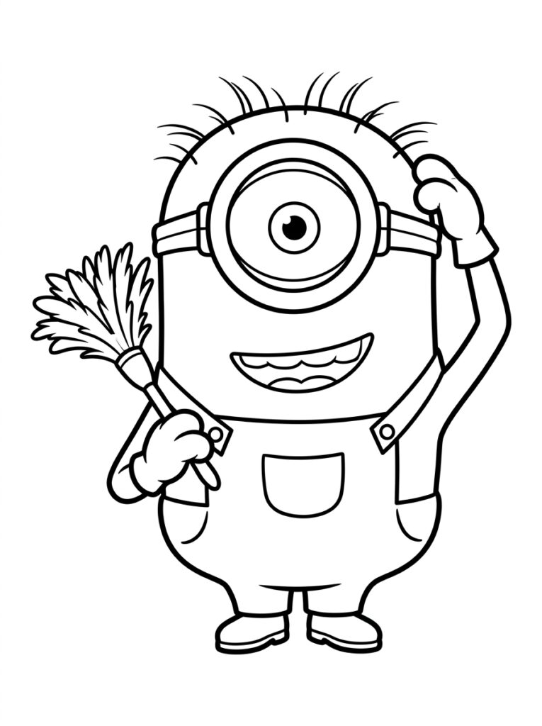 Kleurplaat van een eenogige Minion met glimlach, plumeau in hand en andere hand aan hoofd