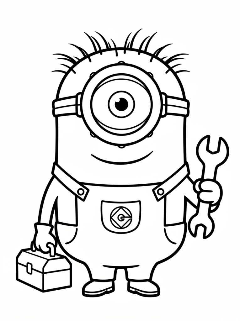 Kleurplaat van een eenogige Minion met glimlach, toolbox en moersleutel